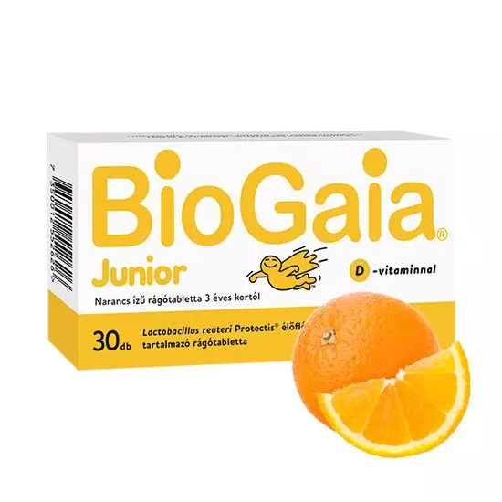 BioGaia Junior + D-vitamin étrend-kiegészítő rágótabletta 3 éves kortól 30x