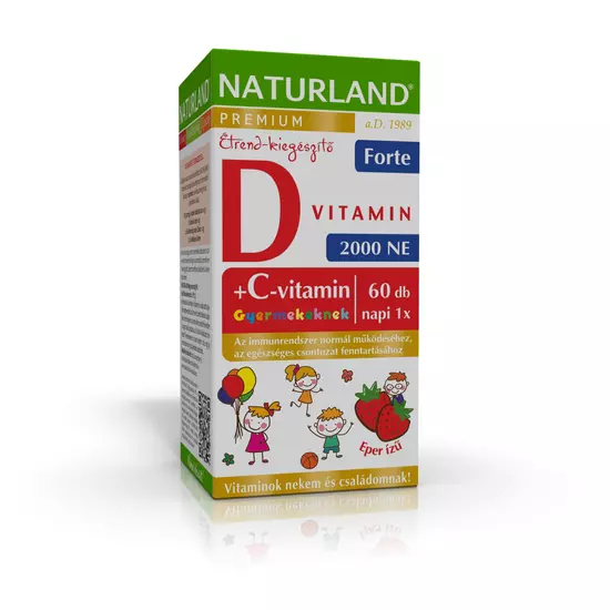 Naturland Prémium D3-vitamin forte rágótabletta gyermekeknek C-vitaminnal eper ízű 60x